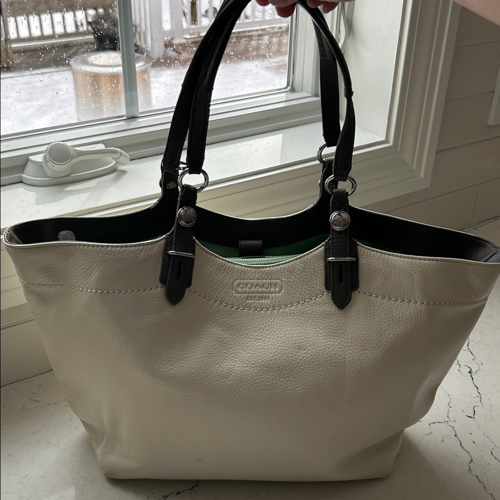 Coach Carley Cream Leather Tote Bag w/Grey Handles